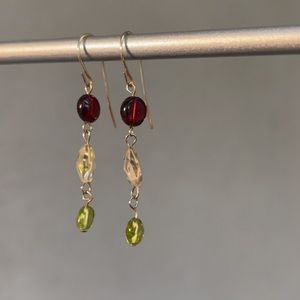 Natural gems 14Kt GF earrings with garnet, natural lemon quartz and peridot